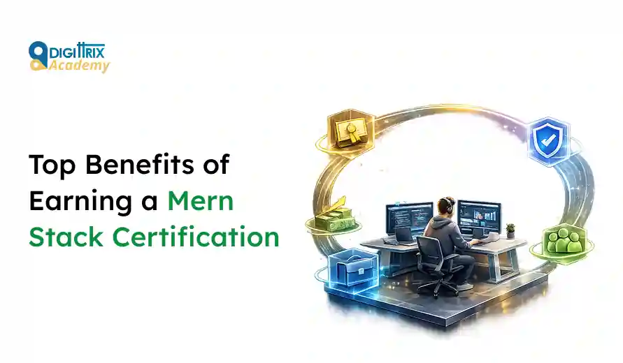 Person working on dual monitors surrounded by icons, highlighting the top benefits of earning a Mern Stack Certification by Digitrix Academy.